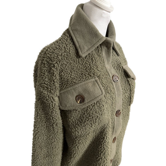 Pink Rose Army Green Faux Fur Sherpa Button Jacket Women Size XS - Picture 4 of 16